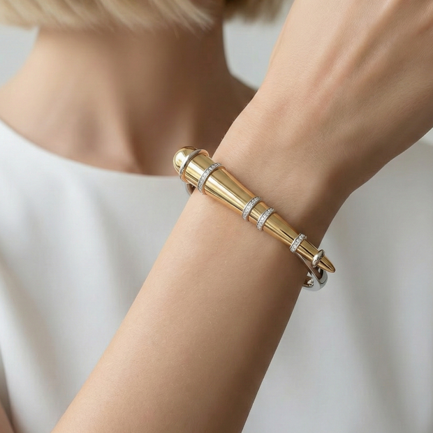 14K Altın Kaplama Sofistike İki Renkli Modern Tasarım Zirkon Taşlı Kelepçe Bileklik