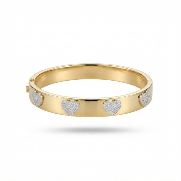 14K Altın Kaplama Zirkon Taşlı Kalpli Model Kelepçe Bileklik