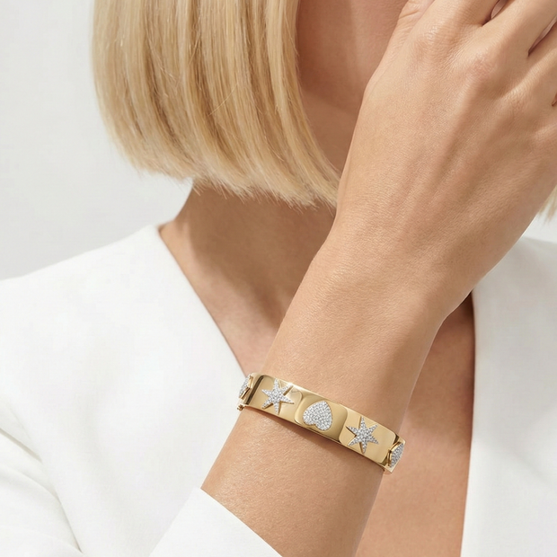 14K Altın Kaplama Zirkon Taşlı Kalp ve Yıldız Model Kelepçe Bileklik