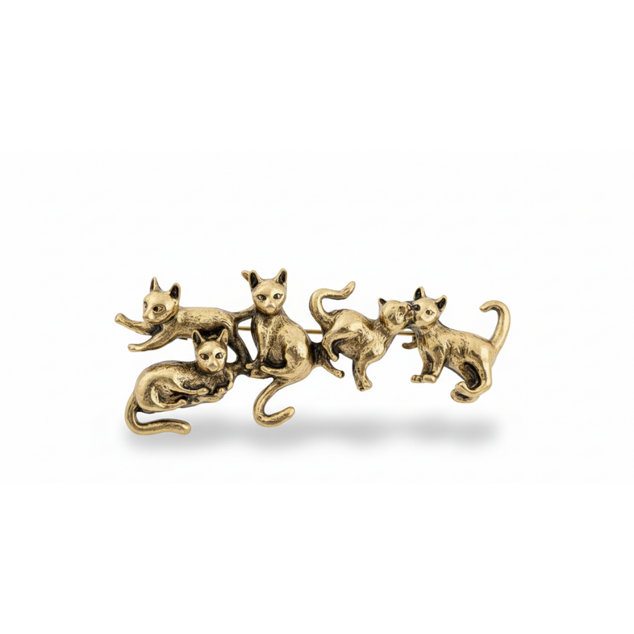 Antik Gold Beşli Kedi Figürlü Broş - Vintage Tarzı Kedi Severlere Özel Tasarım Yaka İğnesi