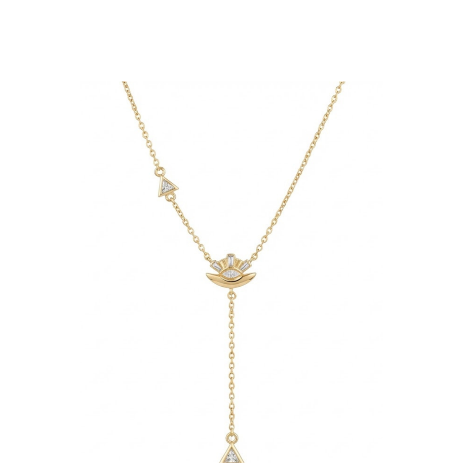 Zirkon Taşlı Lotus Çiçeği ve Geometrik Üçgen Detaylı Gold Y Kolye