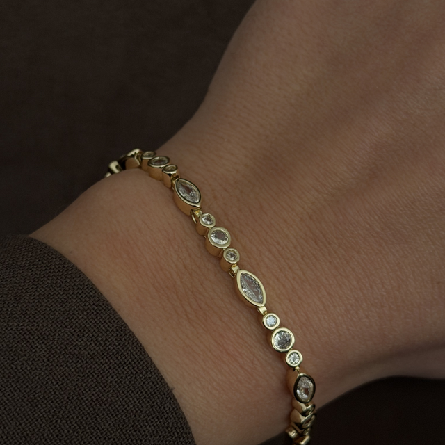 Altın Renkli Markiz ve Yuvarlak Zirkon Taşlı Su Yolu Kadın Bileklik