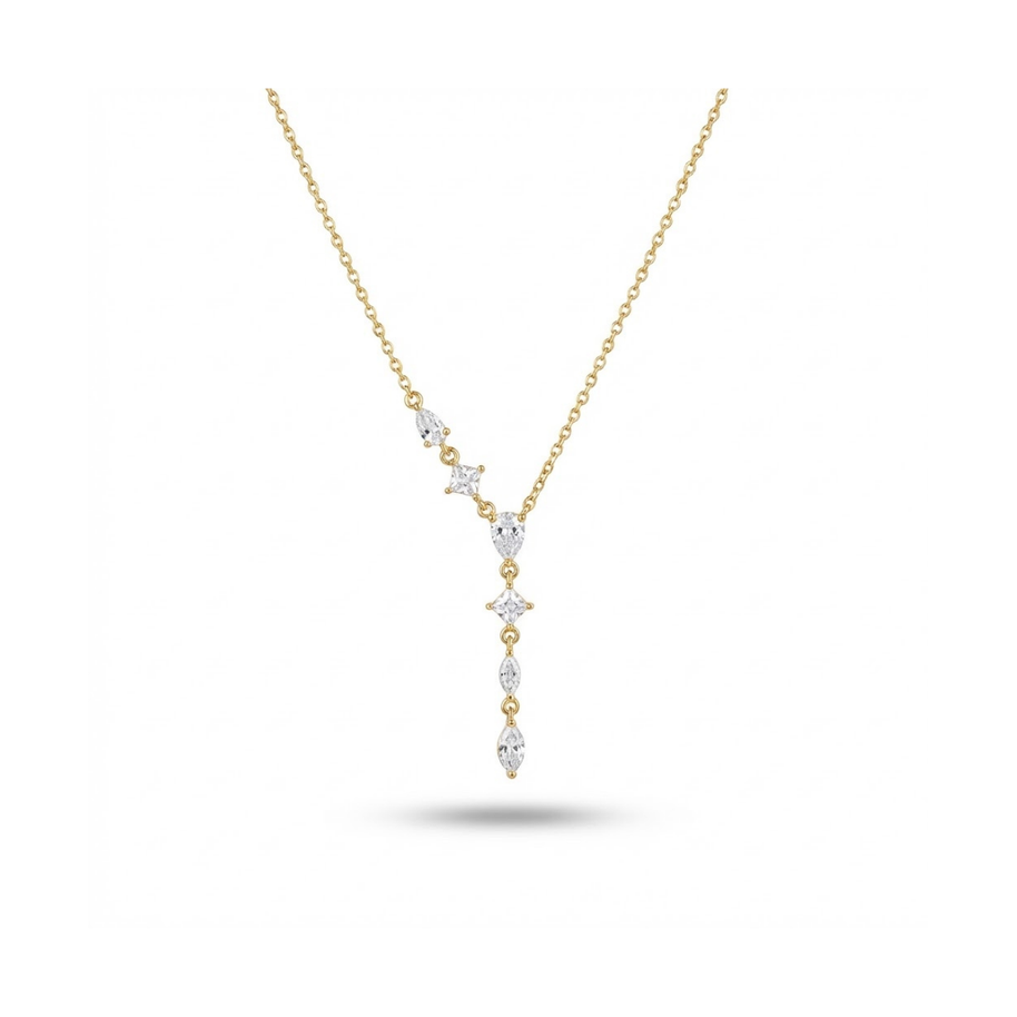 Asimetrik Baget ve Markiz Taşlı Sallantılı Y Kolye Işıltılı ve Modern Tasarım Gold