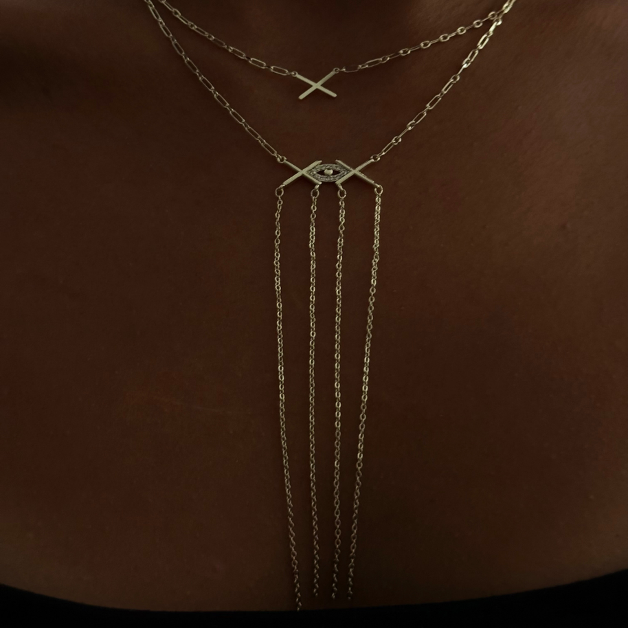 Nazar Detaylı Püsküllü İkili Zincir Kolye Gold