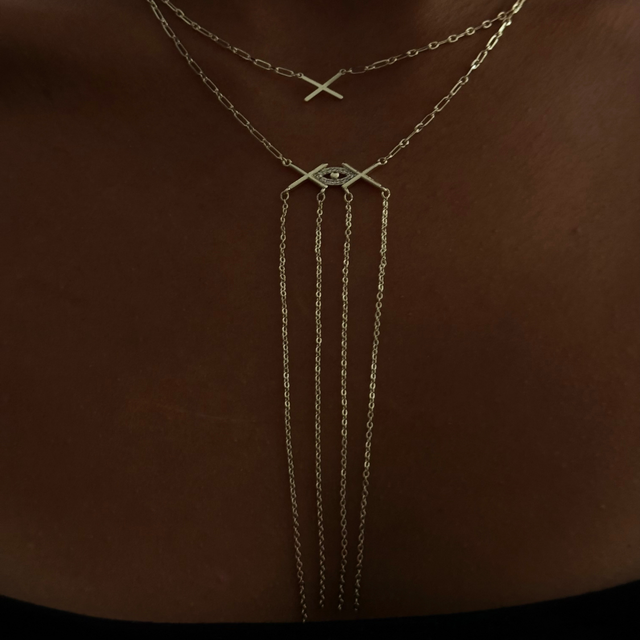 Nazar Detaylı Püsküllü İkili Zincir Kolye Gold