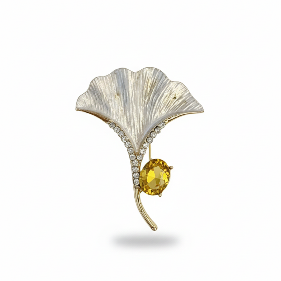 Ginkgo Biloba Yaprak Broş - Sarı Kristal Taşlı Vintage Yaka İğnesi