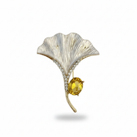 Ginkgo Biloba Yaprak Broş - Sarı Kristal Taşlı Vintage Yaka İğnesi