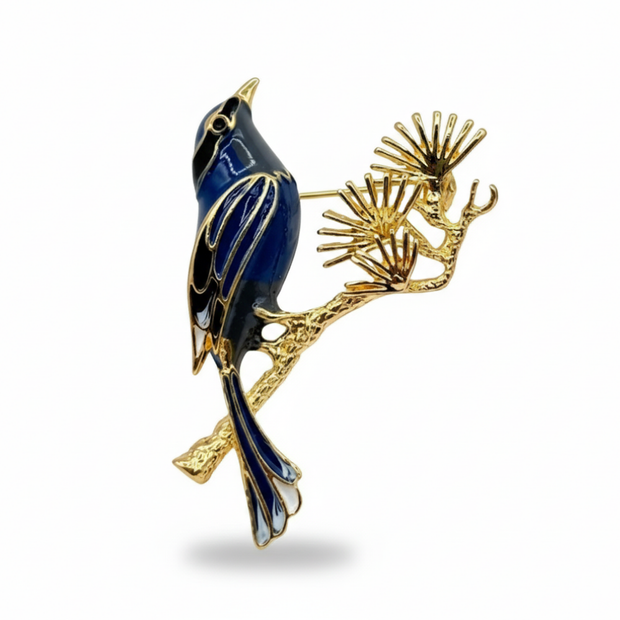 Mavi Emaye Dalda Kuş Broşu - Sanatsal Tasarım Yaka İğnesi