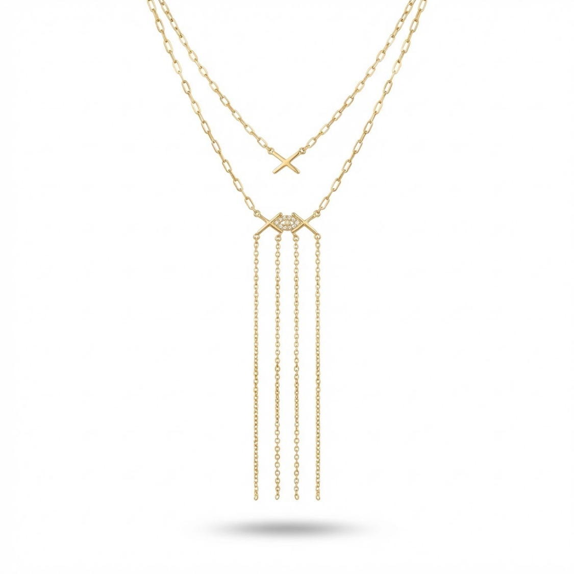 Nazar Detaylı Püsküllü İkili Zincir Kolye Gold