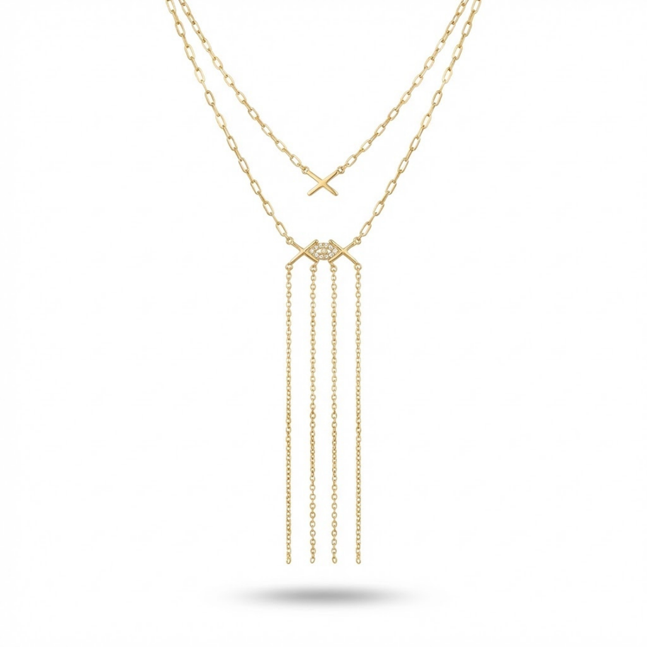 Nazar Detaylı Püsküllü İkili Zincir Kolye Gold