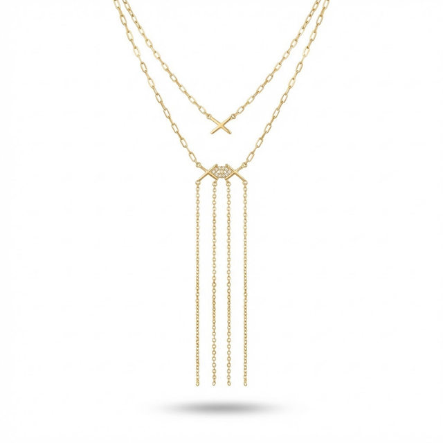 Nazar Detaylı Püsküllü İkili Zincir Kolye Gold