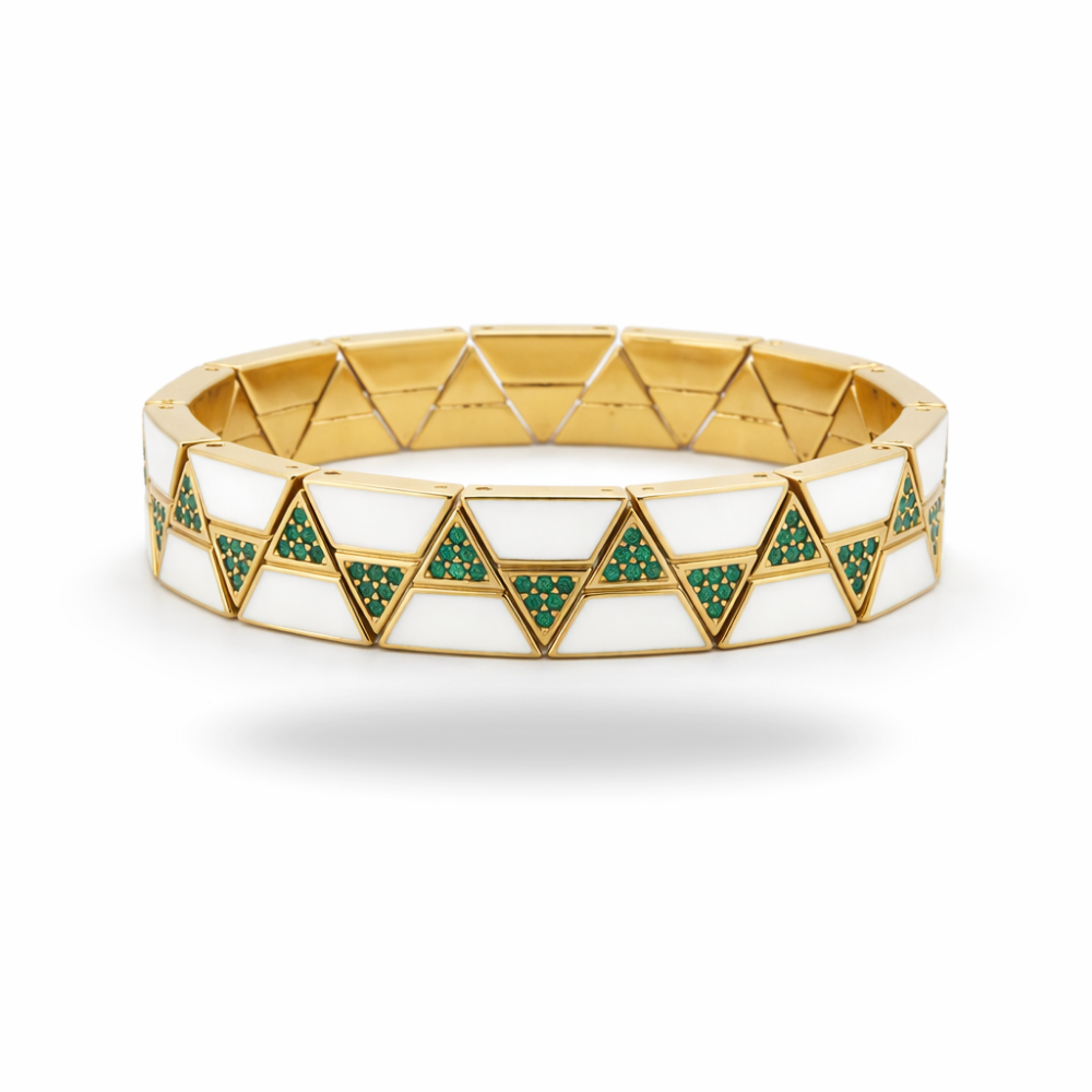 Geometrik Desenli Bileklik - Yeşil -Beyaz - Gold