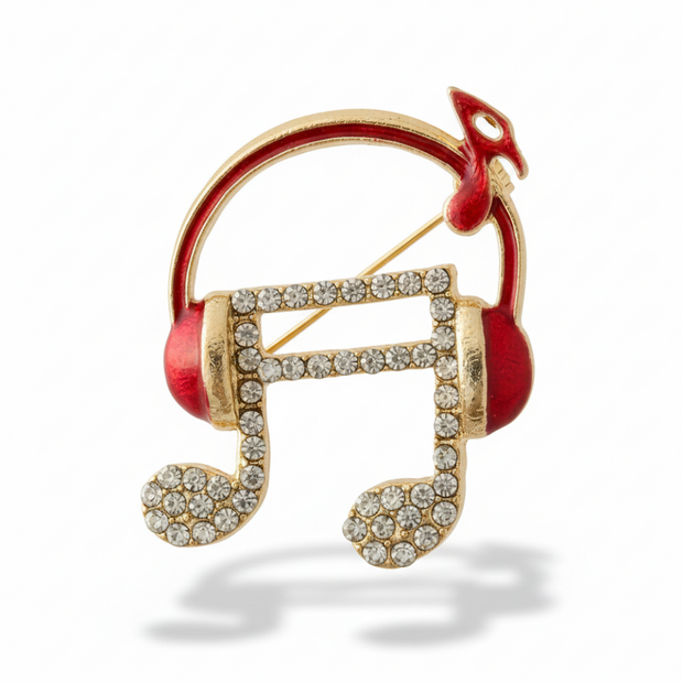 Müzik Tutkunlarına Özel Taşlı Kulaklık ve Nota Tasarımlı Broş