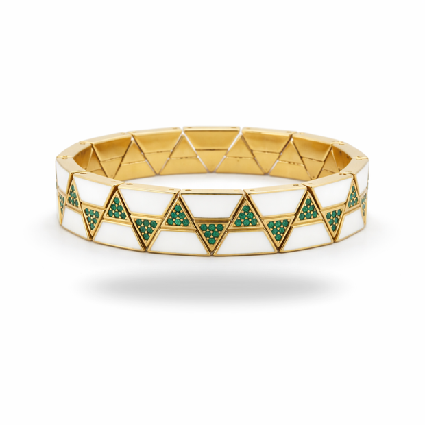 Geometrik Desenli Bileklik - Yeşil -Beyaz - Gold