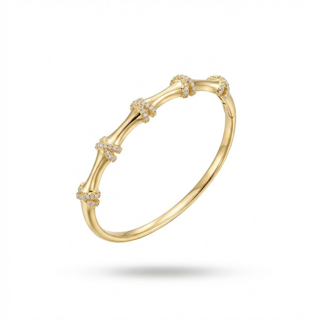 14K Altın Kaplama Zirkon Taşlı Bambu Model Kelepçe Bileklik