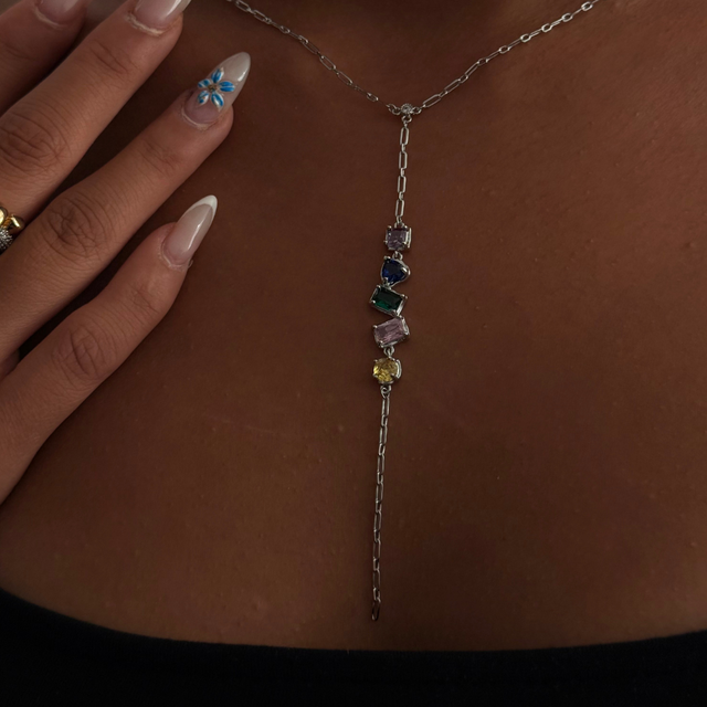 Renkli Baget Taşlı Spectrum Lariat Tasarım Silver Y Kolye