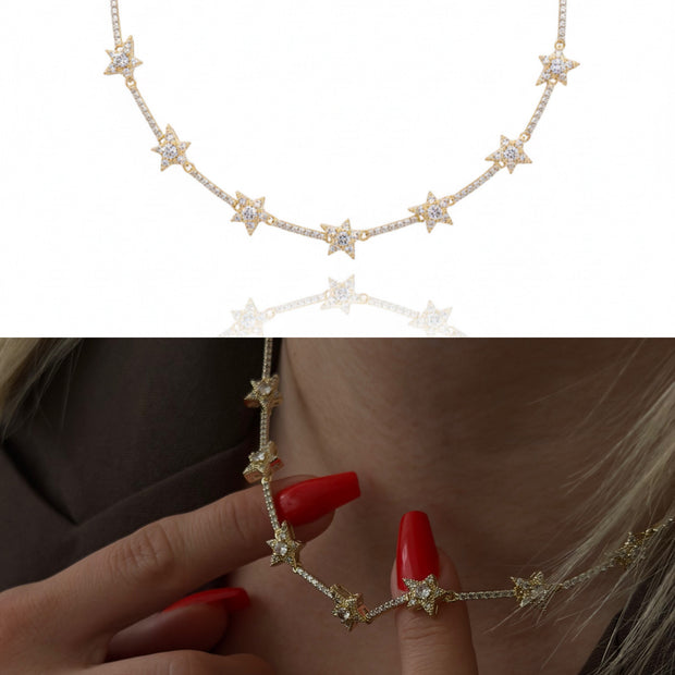 Işıltılı Zirkon Taşlı Sıralı Yıldız Figürlü Gold Choker Kolye