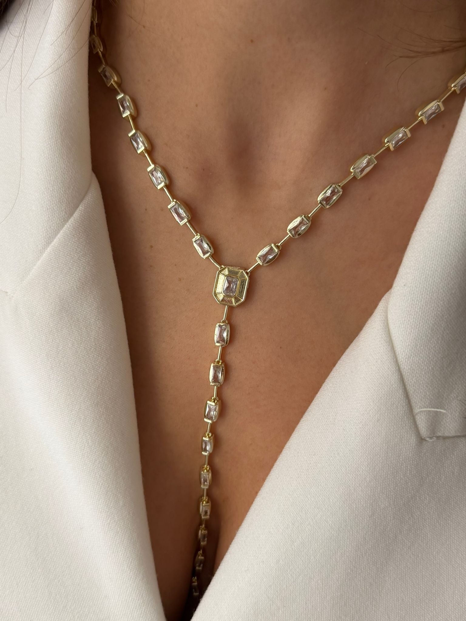 Baget Taşlı Gold Y Kolye - Işıltılı Lariat Kolye Modeli