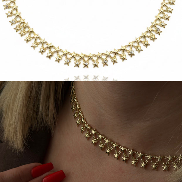Gold Renkli Sıralı Yıldız Tasarım Choker Gerdanlık Kolye