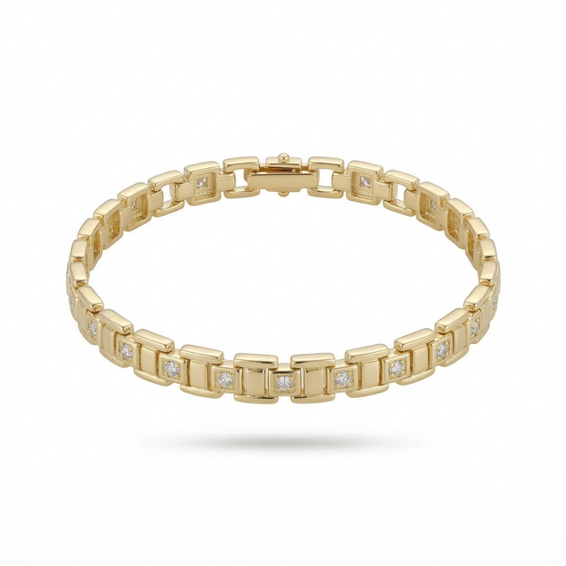 Vintage Stil Kalın Saat Kordonu Tasarımlı Kare Taşlı Altın Renk Bileklik