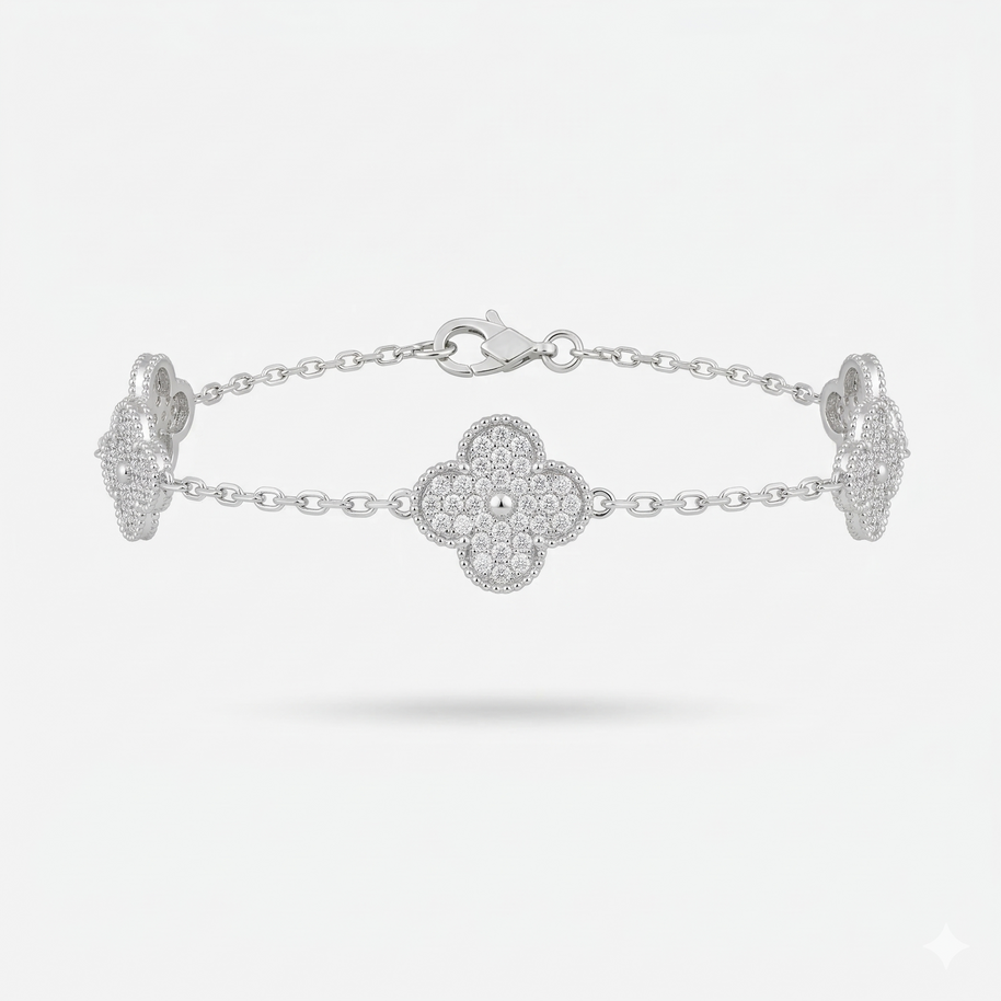 Van Cleef Model Oniks Taşlı 14K Kaplama Çoklu Silver Taşlı Yonca Bileklik
