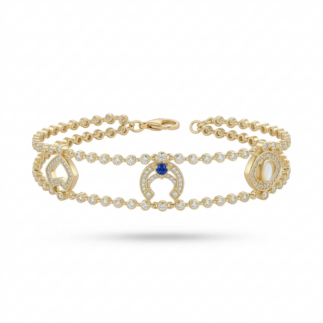 Şans ve Göz Motifli Zirkon Taşlı Altın Renk Kadın Bileklik