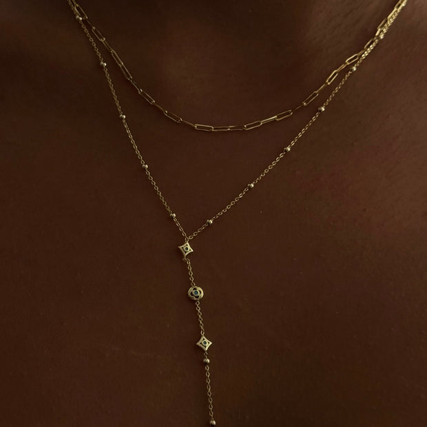 Ataç Zincir ve Top Zincir Katmanlı Geometrik Lariat Kolye