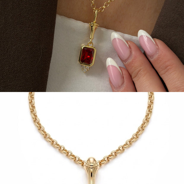 Yakut Rengi Dikdörtgen Taşlı Halka Zincir Tasarım Kolye
