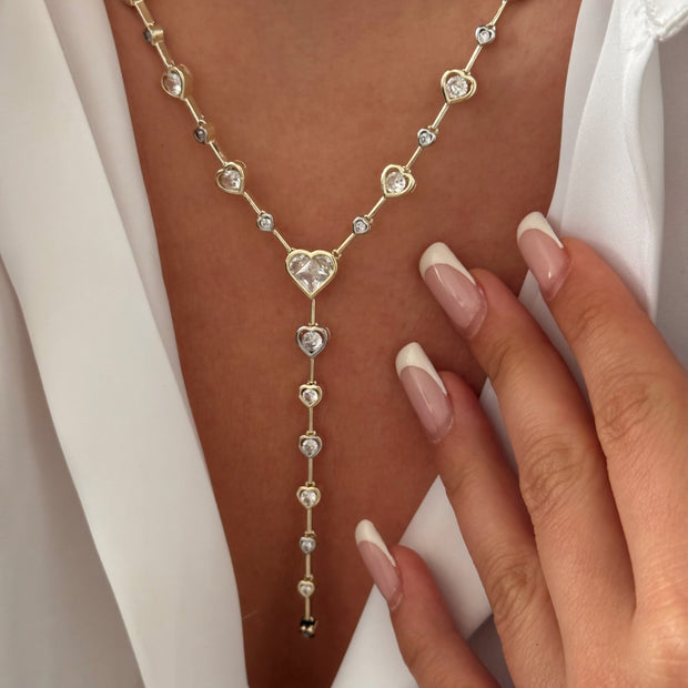 Zirkon Taşlı Kalp Detaylı Gold Renk Y Tipi Sallantılı Kolye