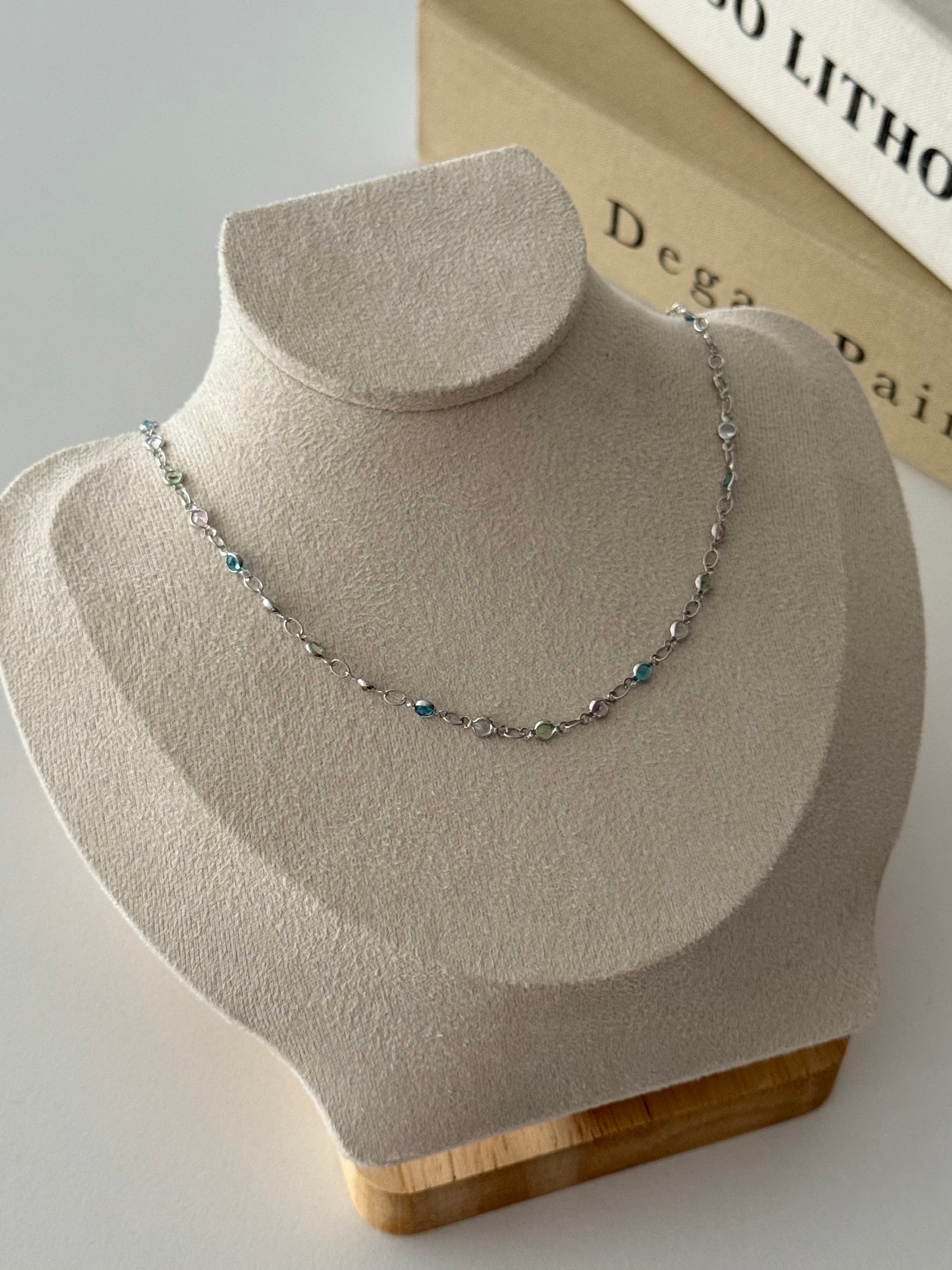 Renkli Taşlı Minimalist Rainbow İnce Zincir Kolye Silver
