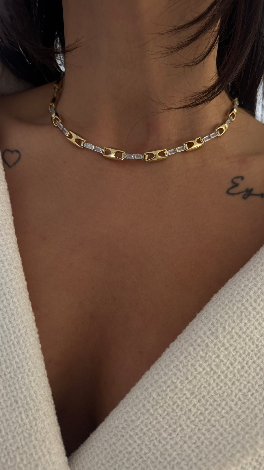 Baget Taşlı Gold Zincir Choker Kolye - Sıralı Taş Tasarım