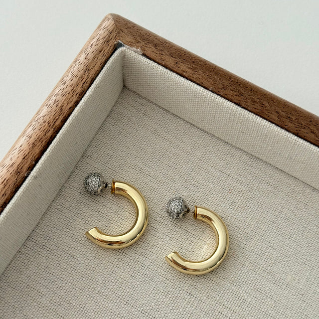 14K Kaplama Kalın Halka Zirkon Taş Detaylı Bombeli Küpe