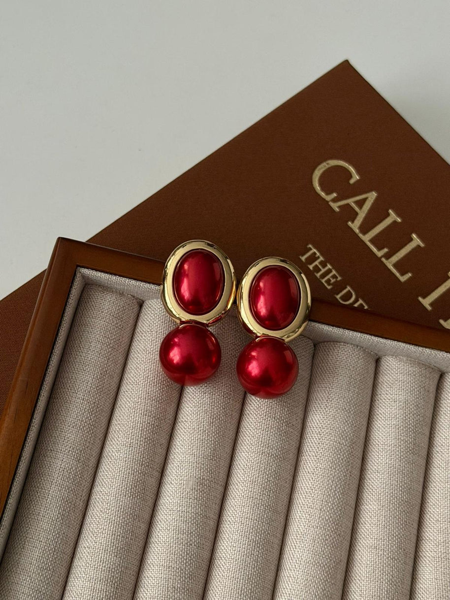 Kırmızı İkili Oval Tasarım Gold Sarkıt Küpe