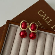 Kırmızı İkili Oval Tasarım Gold Sarkıt Küpe