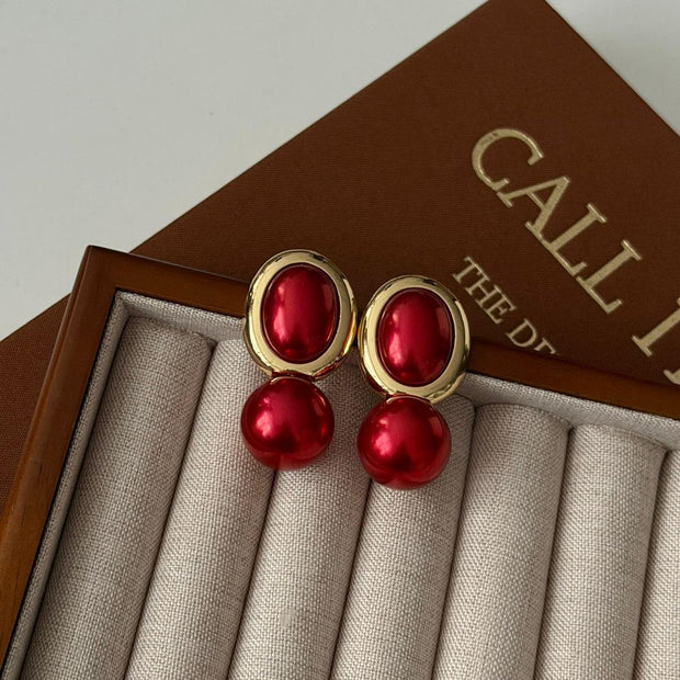 Kırmızı İkili Oval Tasarım Gold Sarkıt Küpe